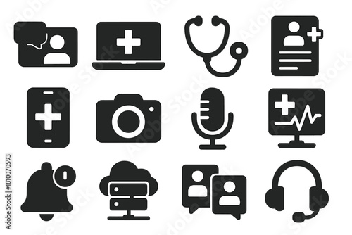Telemedicine AI Icons. Solid style icons of telemedicine AI: video call, laptop, stethoscope, patient record, tablet, camera,