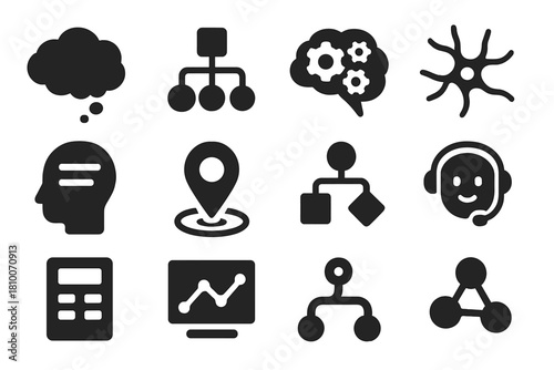 Cognitive Models Icons. Solid style icons of cognitive models: thought bubble, decision tree, brain with gears, neuron icon,
