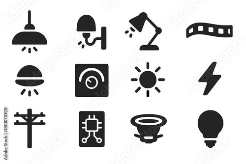 Solid Lighting Icons. Solid style icons of lighting systems: ceiling lamp, wall lamp, desk lamp, LED strip, light sensor, dimmer