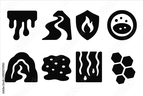 Lava Tube Icons. Solid style icons of lava tube expeditions: lava stream glyph, volcanic path icon, heat badge. Crater ring,