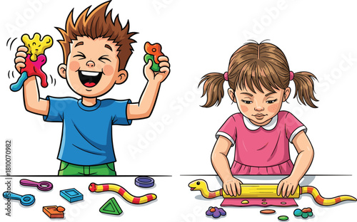 Two Happy Children Playing with Colorful Clay or Dough, A Boy Holding Up Molds and A Girl Rolling a Snake Shape, Illustrating Creative Imagination, Sensory Learning, Fun Playtime, and Childhood