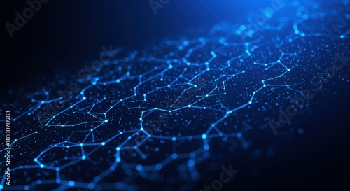 Illuminated interconnected nodes form a glowing digital mesh structure extending into dark space