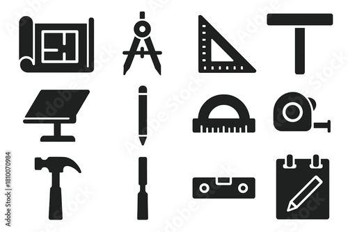 Architectural Tools Icons. Solid style icons of architectural tools: blueprint, compass, scale ruler, T-square, drafting table,