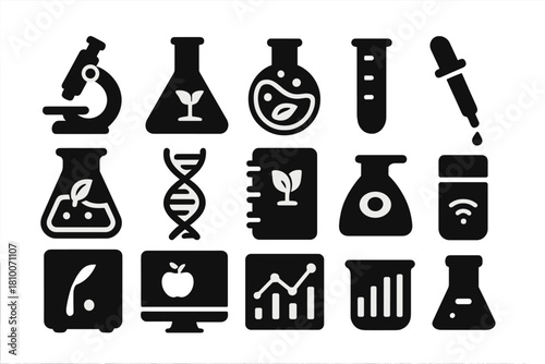 Nutritional Research Icons. Solid style icons of nutritional research: microscope, lab flask, Petri dish, test tube, chemical