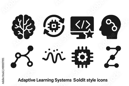 Adaptive Learning Icons. Solid style icons of adaptive learning systems: neural growth icon, AI adapting loop, algorithm