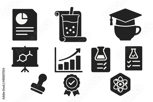 Academic Bubble Tea Icons. Solid style icons of academic bubble tea study: research paper icon, bubble tea thesis scroll,