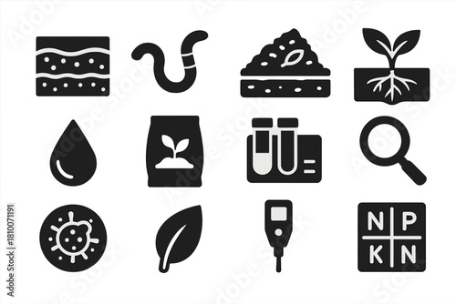 Soil Health Icons. Solid style icons of soil health: soil layers, earthworm, compost, plant roots, moisture droplet, fertilizer