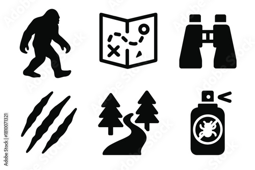 Cryptid Research Icons. Line style icons of Cryptid Research: Sasquatch silhouette, trail map, binoculars, unknown claw mark,