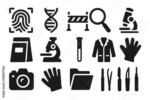 Forensic Investigation Icons. Solid style icons of Evidence Analysis: fingerprint scan, DNA sample, crime scene tape, magnifying