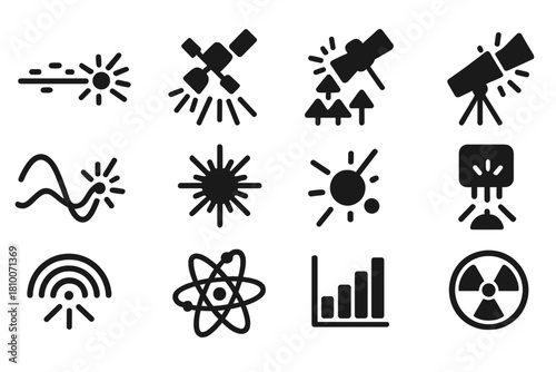 Cosmic Ray Icons. Solid style icons of cosmic rays: particle beam, satellite, detector array, telescope, wave symbol, energy burst
