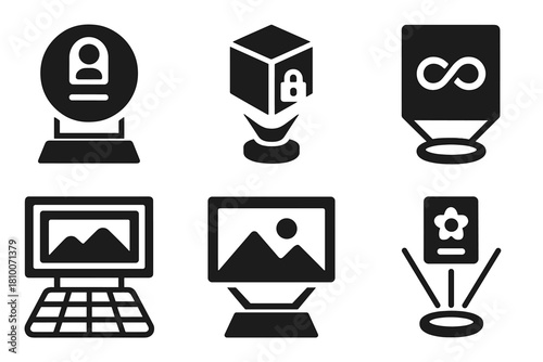 Futuristic Gallery Holograms. Solid style icons of futuristic gallery holograms: floating art badge, 3D encrypted image,