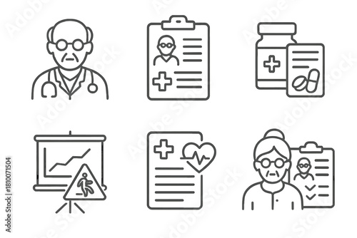 Geriatric Care Icons. Line style icons of geriatric medical care: geriatrician profile icon, annual health check, polypharmacy