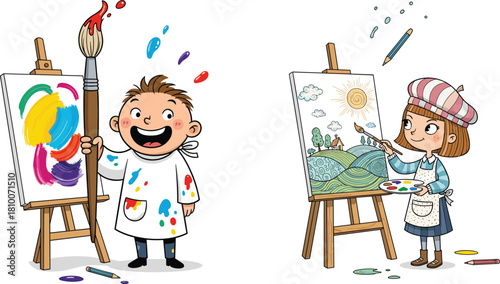 Two Happy Children Expressing Creativity Through Art, A Boy with Abstract Paint and a Girl Drawing a Detailed Landscape on Easels, Illustrating Imagination, Learning, Painting, and Artistic