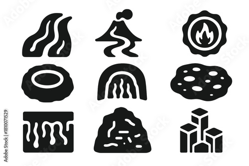Lava Tube Icons. Solid style icons of lava tube expeditions: lava stream glyph, volcanic path icon, heat badge. Crater ring,
