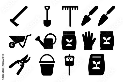 Agricultural Tools Icons. Solid style icons of agricultural tools: hoe, spade, rake, trowel, wheelbarrow, watering can, seed