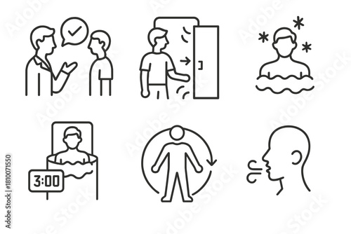 Cryotherapy Line Icons. Line style icons of cryotherapy procedures: pre-session consultation, entering cryo chamber, frost fog