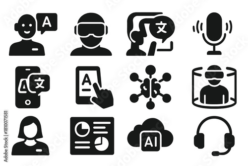 Futuristic Learning Icons. Solid style icons of futuristic language learning: AI tutor, VR headset, interactive holographic