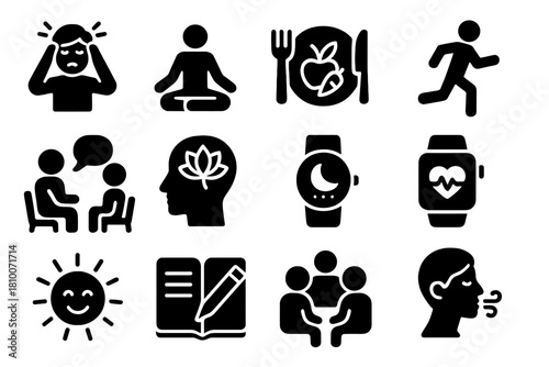 Healthy Lifestyle Icons. Solid style icons of Healthy Lifestyle Psychology: stress relief, yoga pose, nutritious meal, exercise,