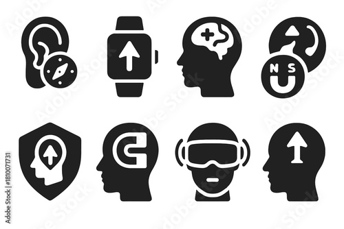 Future Magneto-Tech Icons. Solid style icons of future magneto-applications: smart compass implants, direction-aware wearables,