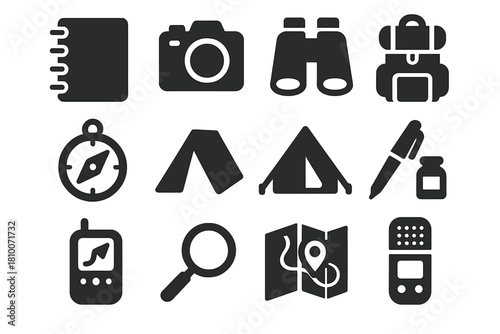 Fieldwork Tools Icons. Solid style icons of fieldwork tools: notebook, camera, binoculars, compass, tent, backpack, GPS device,