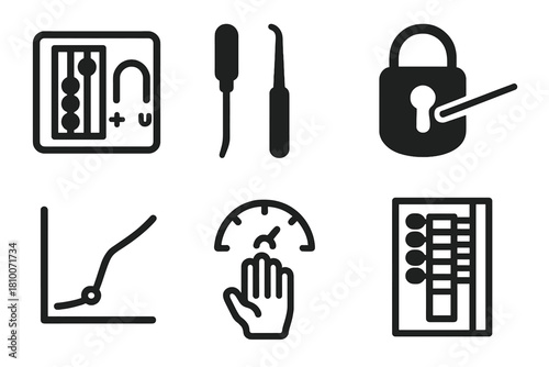 Lockpicking Icons. Line style icons of Competitive Lockpicking: magnetic lock diagram, pick sharpening tool, quick lock snapshot,