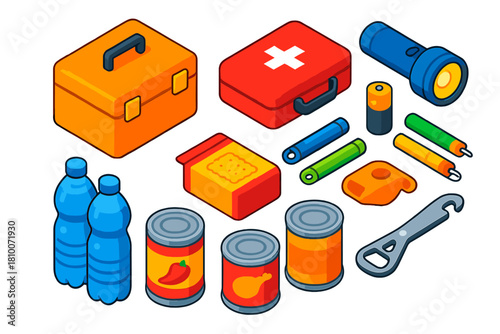 Emergency Kit Essentials. Isometric vector illustration set Disaster preparedness – emergency kit box, first aid kit, flashlight;