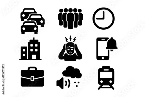 Urban Stress Icons. Solid style icons of urban stress: traffic jam, crowded street, clock, office building, stressed person,