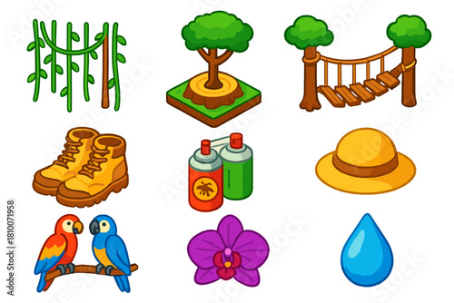 Isometric Hiking Adventure. Isometric vector illustration set Hiking trails – hanging vines, canopy platform, rope bridge;