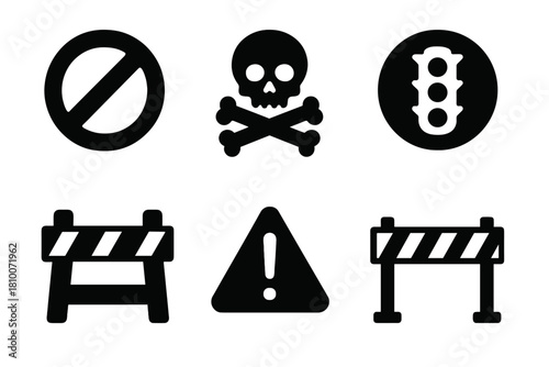 Restricted Signage Icons. Solid style icons of restricted signage systems: do-not-enter glyph, toxic icon, red light badge.