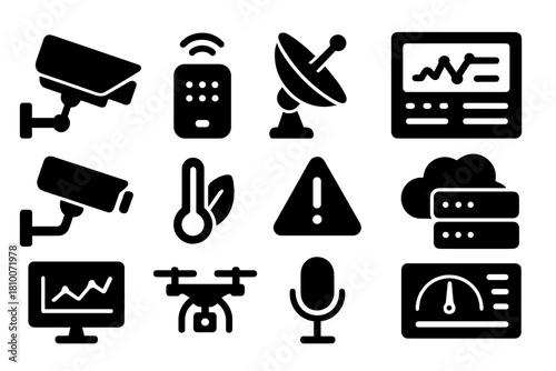 City Monitoring Icons. Solid style icons of city monitoring tools: surveillance camera, sensor node, radar dish, data console,