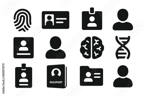 Identity Symbols Icons. Solid style icons of identity: fingerprint, ID card, silhouette, name tag, personal profile, avatar, brain