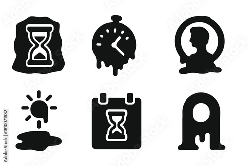 Time-Limited Sculptures. Solid style icons of time-limited sculpture: hourglass in ice icon, melting timer slab, fading art ring.