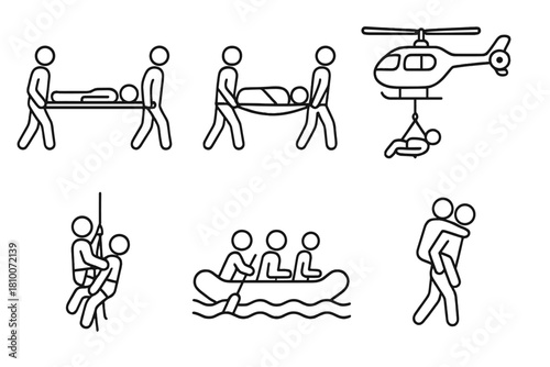Evacuation Methods Icons. Line style icons of evacuation and transport: stretcher carry, improvised litter, helicopter lift, rope