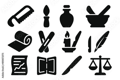Historical Medical Tools Icons. Solid style icons of historical medical tools: bone saw, lancet, apothecary jar, mortar and pestle
