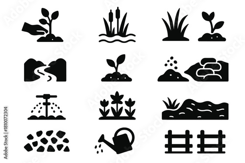 Habitat Restoration Icons. Solid style icons of habitat restoration: tree planting, wetland, grassland, riverbank, seedling, soil