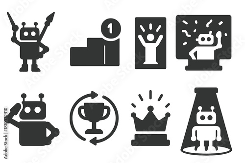 Victory Icons Collection. Solid style icons of victory poses and ceremonies: robot raising lance, winner’s platform badge, light