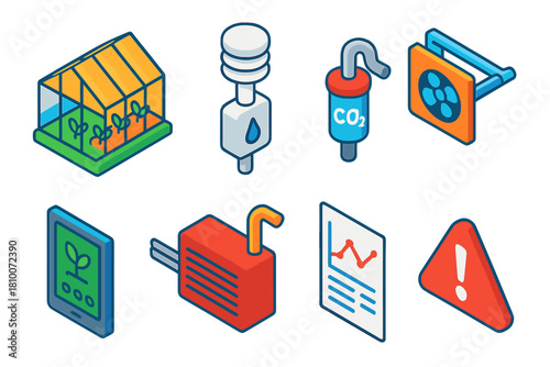 Smart Farming Icons. Isometric vector illustration set Smart farming – greenhouse module, climate sensor, CO₂ injector; vent