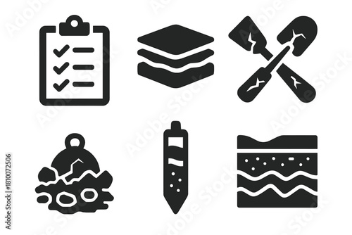 Disaster Archaeology Icons. Line style icons of Disaster Archaeology: data recovery clipboard, blackened layer icon, cracked tools