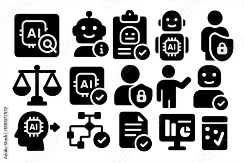 AI Ethics Icons. Solid style icons of AI Ethics Tools: bias detector, AI transparency, accountability report, ethical machine,