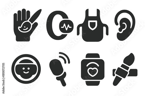 Wearable Painting Gear Icons. Solid style icons of wearable painting gear: emotion-glove brush icon, pulse ring painter,