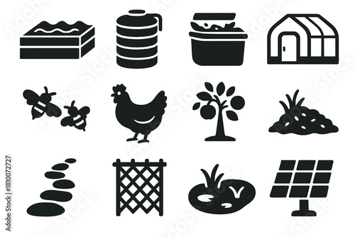 Permaculture Icons Set. Solid style icons of permaculture: raised garden bed, rainwater tank, compost bin, greenhouse, bees,