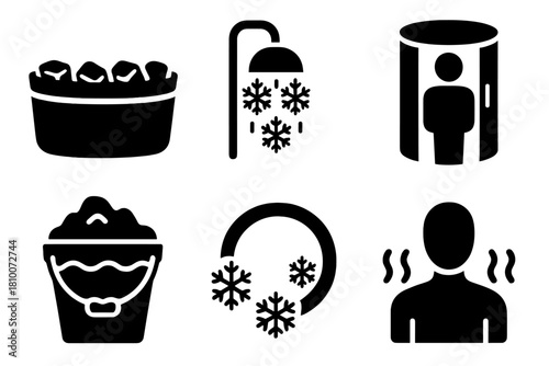 Cold Exposure Icons. Solid style icons of cold exposure methods: ice bath icon, snowflake shower glyph, cryotherapy chamber. Cold