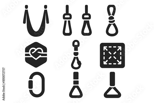 Yoga Hammock Icons. Solid style icons of yoga hammocks and straps: silk hanging strap, dual-point anchor icon, looped sling panel.