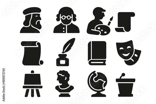 Historical Culture Icons. Solid style icons of Historical Culture: renaissance thinker, enlightenment scholar, modernist painter,