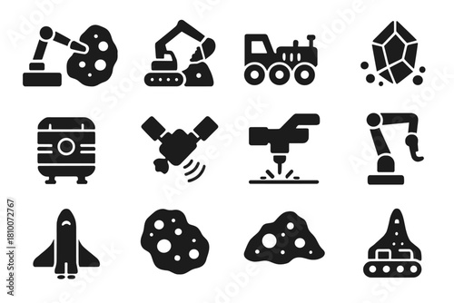 Extraterrestrial Mining Icons. Solid style icons of Extraterrestrial Mining: asteroid extraction, lunar excavation, mining rover,