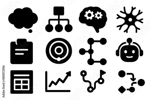 Cognitive Models Icons. Solid style icons of cognitive models: thought bubble, decision tree, brain with gears, neuron icon,