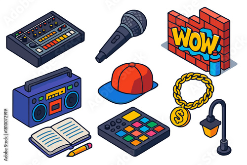 Music Icons Collection. Isometric vector illustration set Musical genres – 808 drum machine, rap microphone, graffiti wall;