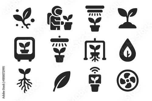 Space Plant Growth. Solid style icons of plant growth in zero-G: floating plant, astronaut tending plant, seedling, growth chamber