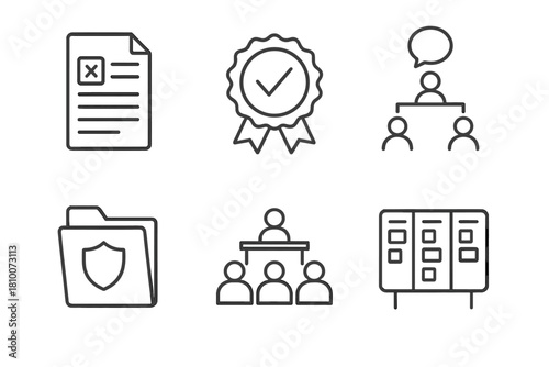 ESG Dispute Icons. Line style icons of ESG dispute and resolution: grievance form icon, complaint resolution badge, mediation