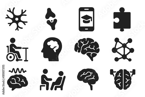Neurodevelopment Icons Collection. Solid style icons of Neurodevelopment: neuron, synapse, learning app, puzzle piece, rehab